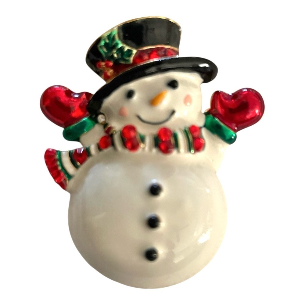 Christmas Snowman Brooch with Festive Colors, Signed 2012 FL, Holiday Fun.